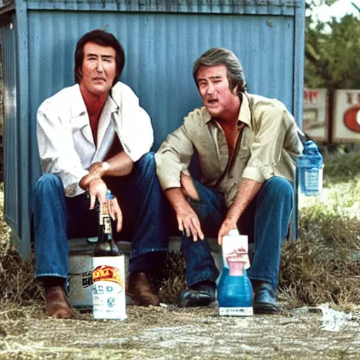 Image similar to randy mantooth and kevin tighe drunk, sitting by a dumpster drinking beer, many empty bottles lie around them