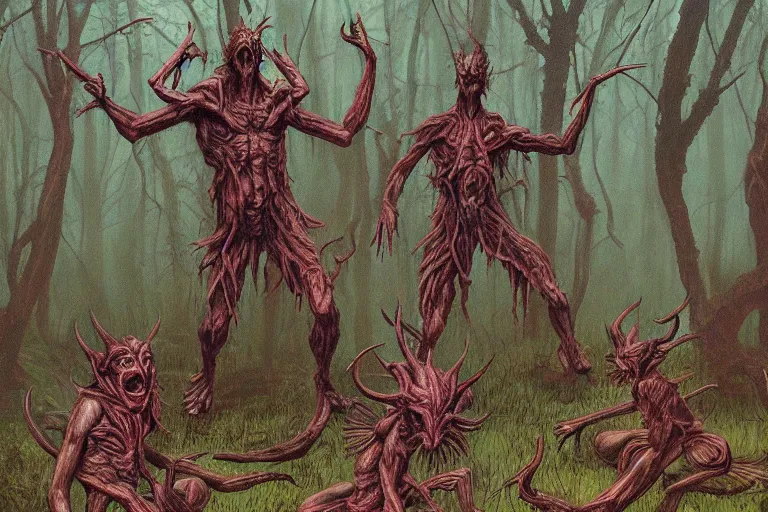 Image similar to multi headed demon in a forest in the style of wayne barlowe