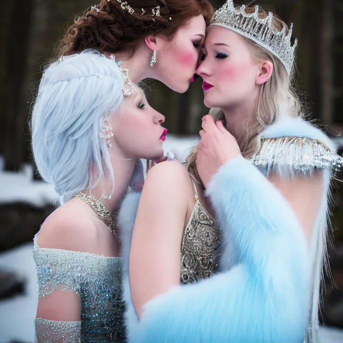 Image similar to photograph of a real-life beautiful ice queen in ornate dress kissing a woman. 8k