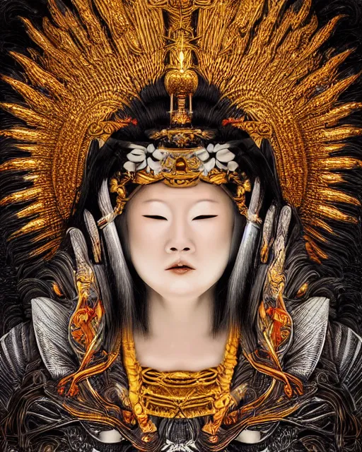 Image similar to hyper realistic portrait photo of ameterasu the sun goddess of japan, portrait shot, intricate detail