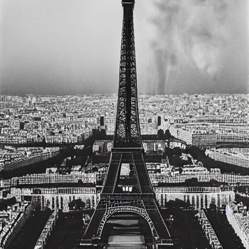 Image similar to extensive smoke rising from the top of the eiffel tower, aerial view, several police cars and crowds running across the ground, polaroid, 6 0's, hyperrealism, no blur, 4 k resolution, ultra detailed