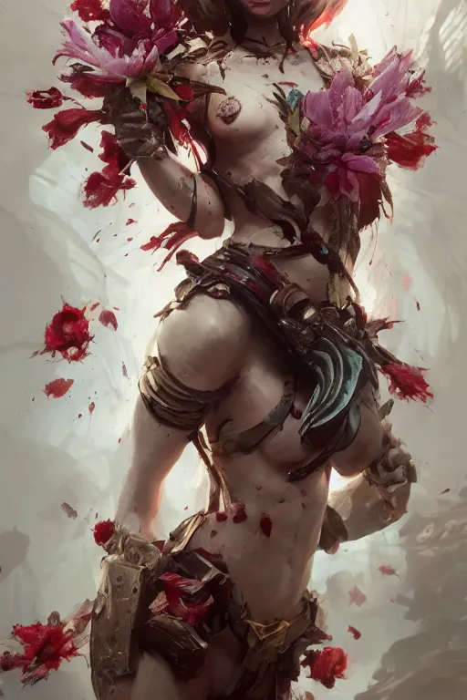 Image similar to abstract beautiful girl predator covered with blood, 3 d render, hyper realistic detailed portrait, holding magic flowers, ruan jia, wlop. scifi, fantasy, hyper detailed, octane render, concept art, by peter mohrbacher, by wlop, by ruan jia