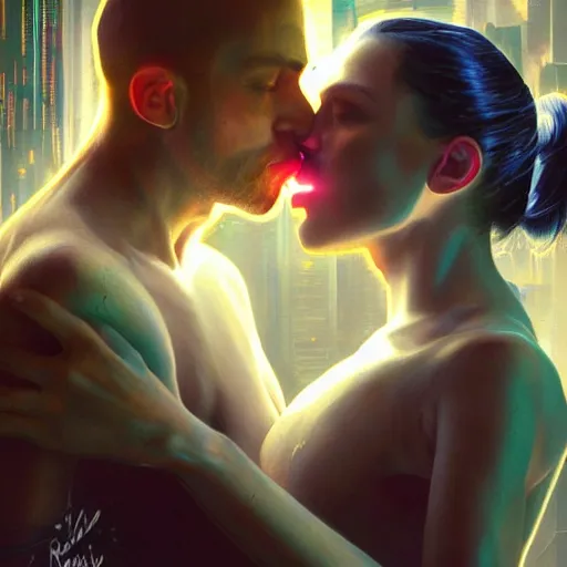 Image similar to ultra realistic medium shot of a couple of cyborgs kissing, lovers, cyberpunk, sci - fi, fantasy, kodak, colour led, soft light, volumetric lighting, night, intricate, highly detailed, digital painting, concept art, smooth, sharp focus, illustration, art by artgerm and greg rutkowski and alphonse mucha