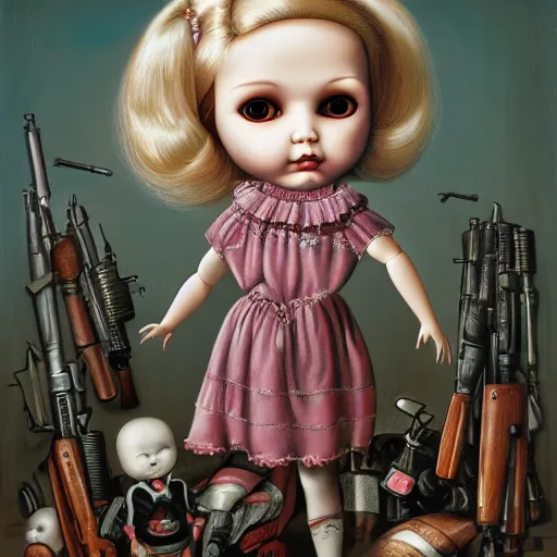 Image similar to doll next to weapons, hand grenades, rpg, by mark ryden, breathtaking, 8 k resolution, extremely detailed, beautiful