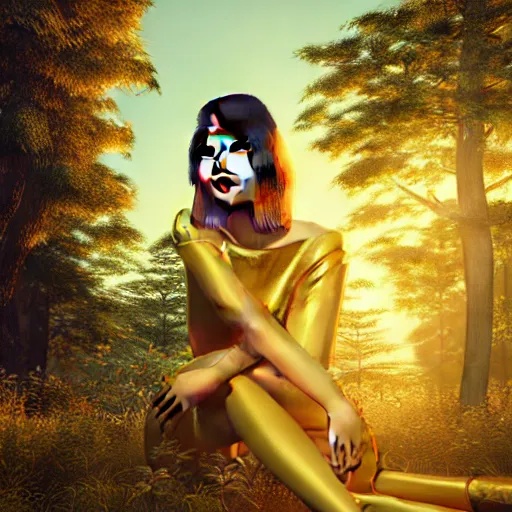 Image similar to innovative avant - garde art, deco fashion, asian women, highly detailed, photorealistic portrait, serene forest setting, golden hour, crisp quality and light reflections, octane render
