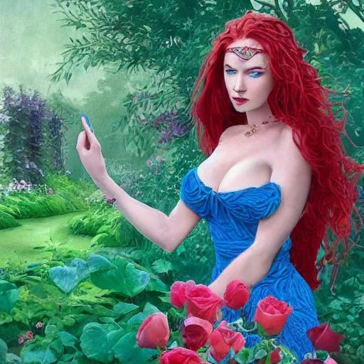 Image similar to a beautiful warrior woman, red hair, blue dress, detailed, rose garden, by john howe _ h 7 0 4