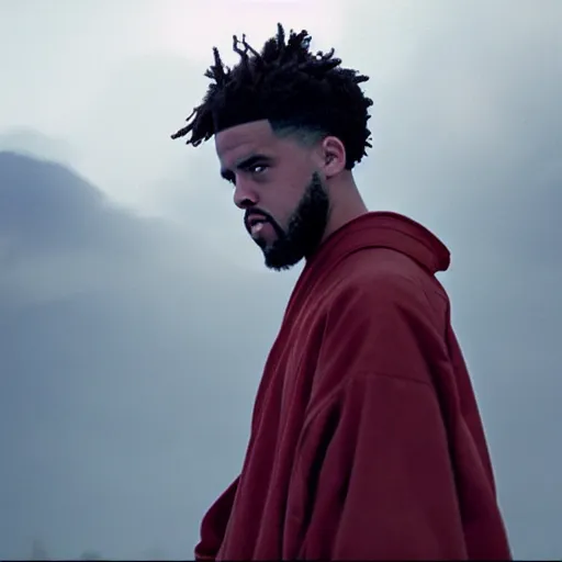 Image similar to cinematic film still of J.Cole starring as a Samurai holding fire, Japanese CGI, VFX, 2022, 40mm lens, shallow depth of field, film photography