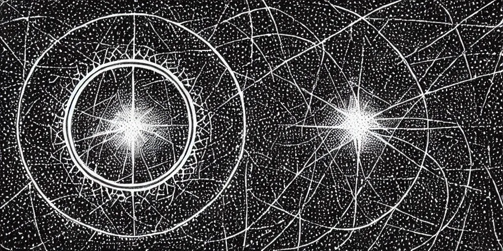 Prompt: Black and white engraving of a space scape. a star surrounded glittering debris. islamic geometry. geometric patterns. pointillism.