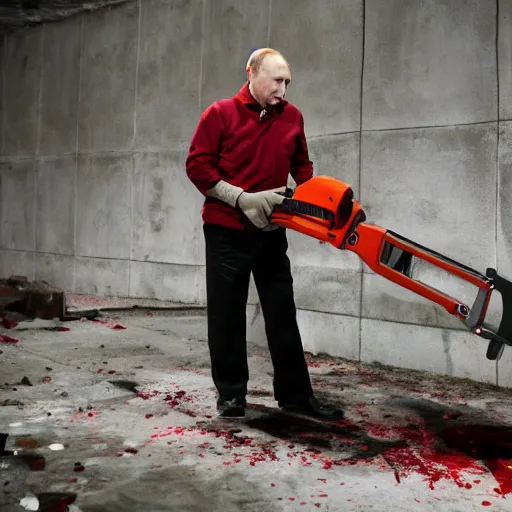 Image similar to putin with a chainsaw. in a concrete bunker with a pile of corpses. focus on putins face with blood splatters. canon eos r 3, f / 1. 4, iso 1 6 0 0, 1 / 8 0 s, 8 k, raw, grainy