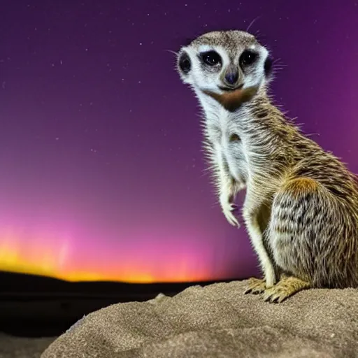 Prompt: a national geographic photo of a meerkat, standing on a small mound, looking at a purple aurora borealis in the distance.