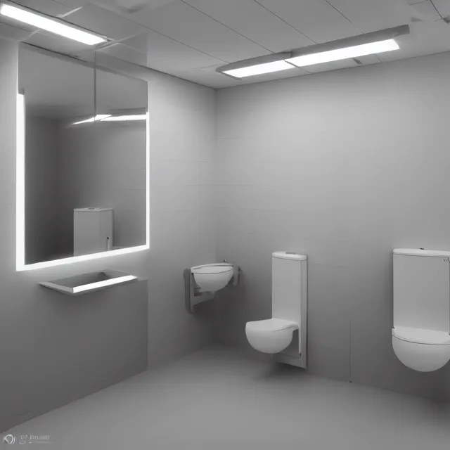 Image similar to a public restroom extending backwards infinitely, bright lighting, octane render, photorealistic, ultrawide shot