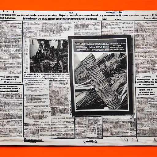 Image similar to isometric view of an hybrid ethnographic object on display, ( conceptual art ), ( ready - made ), offset photography, black, white, and orange, old newspaper