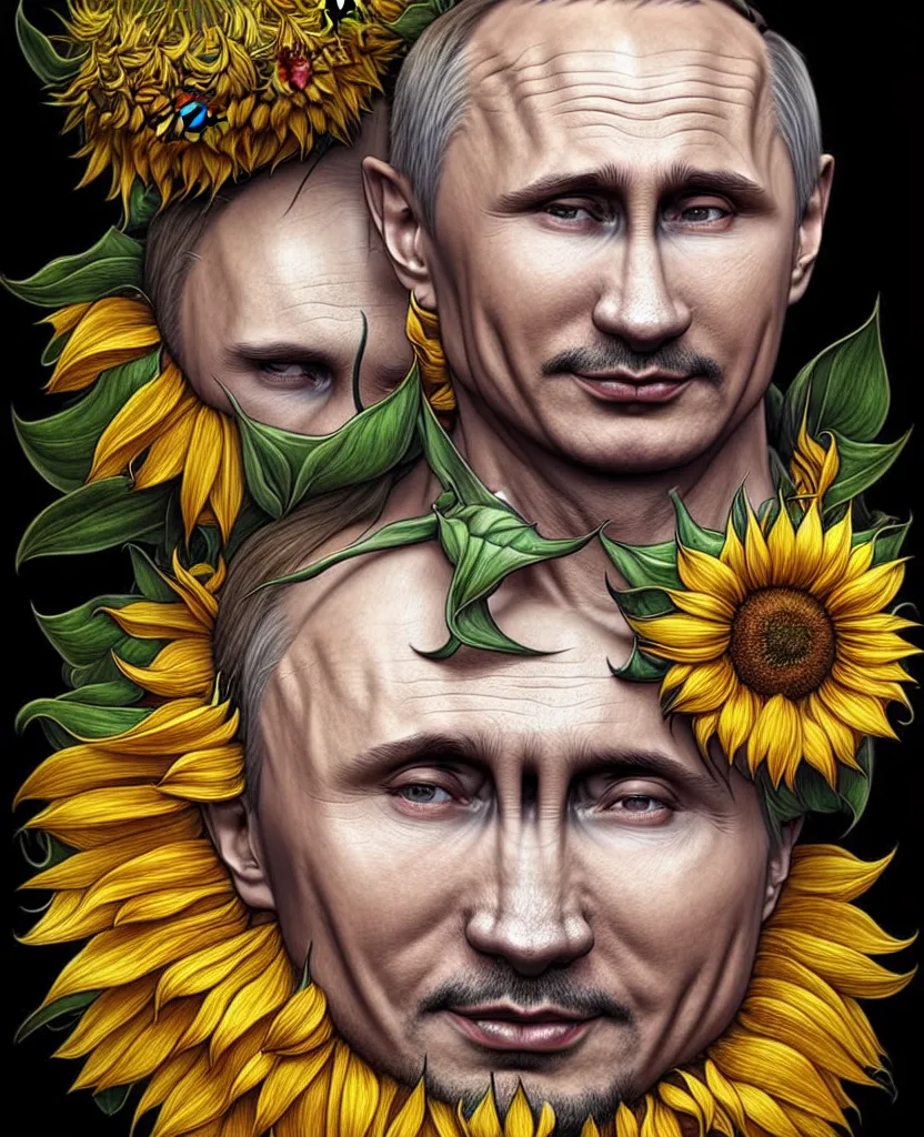 Image similar to digital art, centered full body of Putin smiling king, Sunflower crown, ,intricate, veins, by James Jean and by artgerm , by ross tran ultradetailed, charachter design, concept art, trending on artstation,