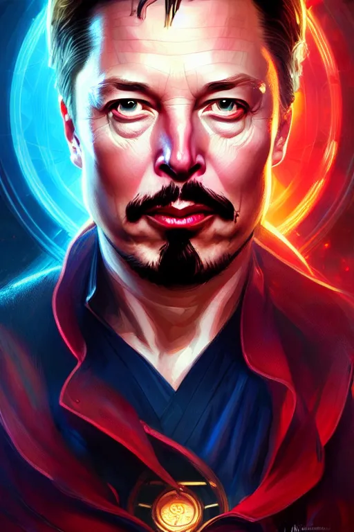 Image similar to elon musk as dr strange, realistic portrait, symmetrical, highly detailed, digital painting, artstation, concept art, smooth, sharp focus, illustration, cinematic lighting, art by artgerm and greg rutkowski and alphonse mucha