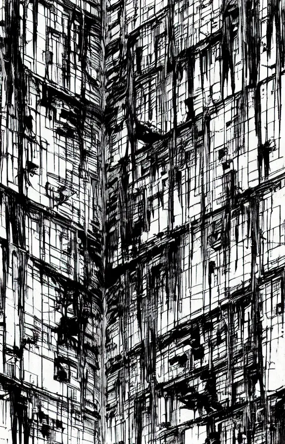 Prompt: a brutalist concrete structure, manga, ink, by tsutomu nihei
