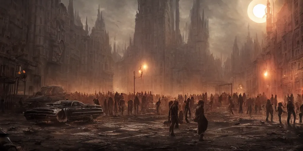 Image similar to a cinematic movie scene, 2 0 0 mm wide shot, a post - apocalyptic city with monuments, a dark yellow moon, bustling with people and flying cars, gothic environment, detailed illustration, sharp focus, concept art, unreal engine, octane render, god rays h 7 6 8