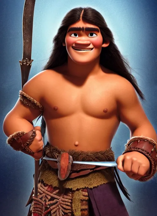 Prompt: portrait of teenage conan the barbarian, smiling arrogantly. holding gold handled sword. digital art. animated feature. 3 d pixar and disney!! in the style of disney pixar, moana, brave, the good dinosaur.