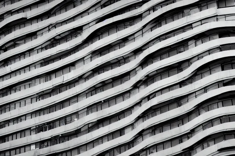 Image similar to a brutalist building in the shape of a Mobius strip, windows, door, rooftop, urban photography, detailed