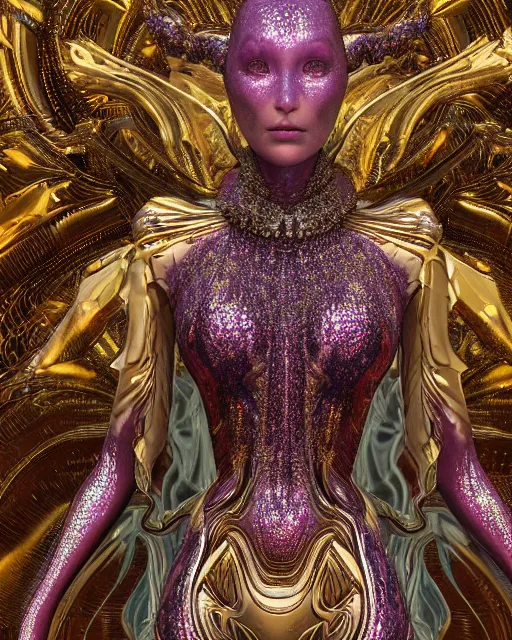 Image similar to a highly detailed metahuman 4 k close up render of an alien goddess bella hadid as alien in iris van herpen dress schiaparelli in diamonds crystals swarovski and jewelry iridescent in style of alphonse mucha gustav klimt trending on artstation made in unreal engine 4