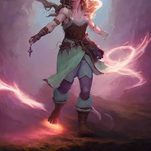 Image similar to full body portrait of a female fantasy halfling hobbit fistfighter, communing with her glowing goddess of mist and light, flowing robes and leather armor, detailed dynamic light painting by peter mohrbacher and albrecht anker