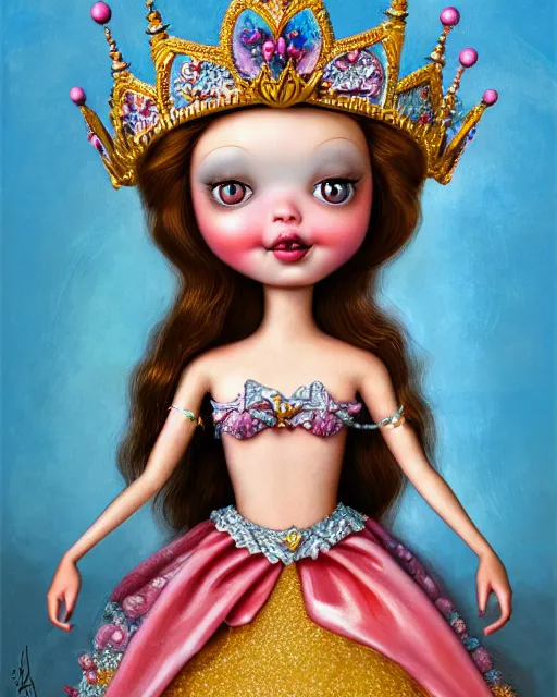 Image similar to closeup profile portrait of a tin toy fairytale princess wearing a crown and sitting on a throne, bikini, hyper realistic, artstation, illustration, concept art by nicoletta ceccoli, mark ryden, lostfish, dan decarlo, bob clampett, max fleischer, digital paint, matte paint, vivid colors, bright, cheerful, detailed and intricate environment