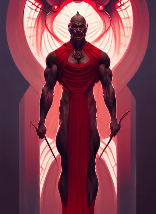 Prompt: symmetry!! portrait of a evil man, glowing red eyes!! muscular, robes! intricate, elegant, highly detailed, digital painting, artstation, concept art, smooth, sharp focus, illustration, art by artgerm and greg rutkowski and alphonse mucha