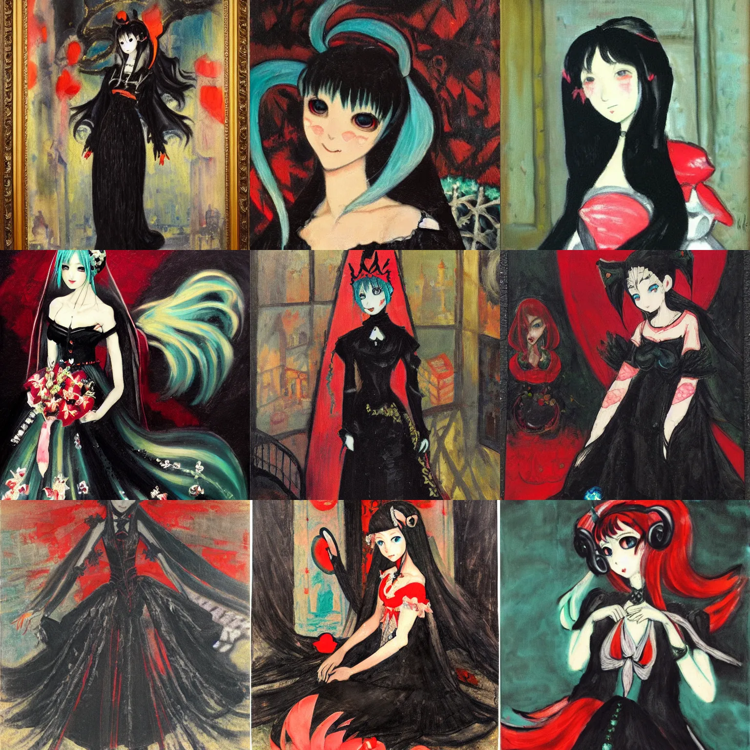 Prompt: A very soft and dark haunting oil painting of Hatsune Miku in a black ornate wedding dress, scarlet background, by Oskar Kokoschka, ethereal, evil presence, haunted painting