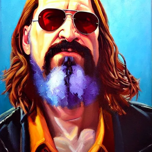 Prompt: a beautiful oil painting of the dude from the big lebowski like he's in borderlands 2, by andrew salgado, andres kal, alan coulson