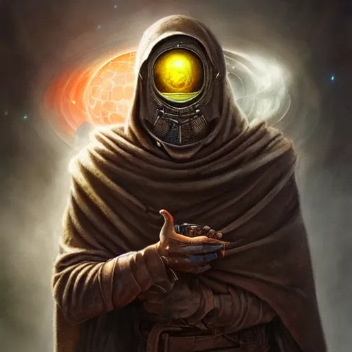 Image similar to masked nomad male wearing a cloak on an alien world and holding a holographic planet projection in his hand, detailed, sci - fi, digital painting, artstation, sharp focus, illustration, ominous, artgerm, tomasz alen kopera, peter mohrbacher, donato giancola, joseph christian leyendecker, wlop, frank frazetta