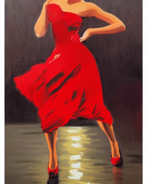 Image similar to a jack vettriano portrait painting of a woman wearing a red dress dancing in the pouring rain