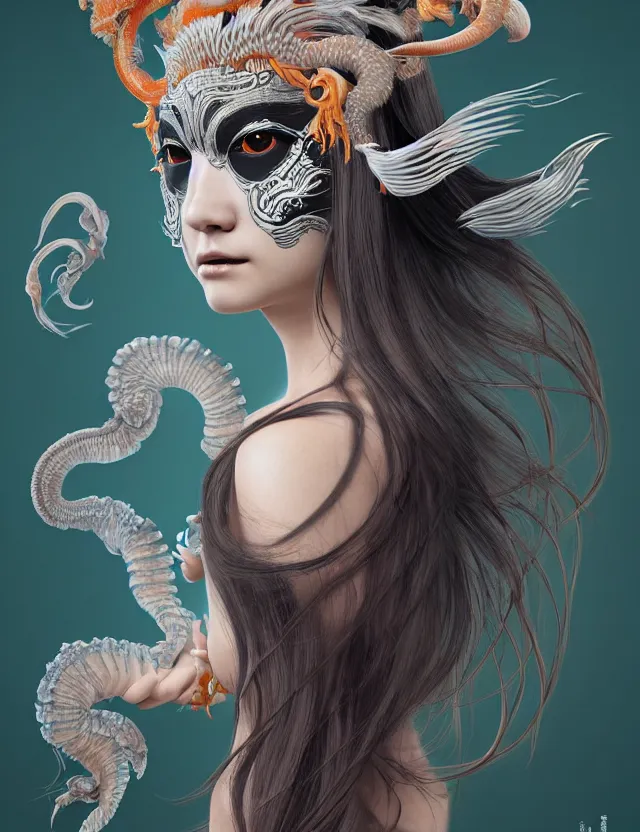 Image similar to 3 d goddess half - turn portrait with long hair with ram skull. beautiful intricately detailed japanese crow kitsune mask and clasical japanese kimono. betta fish, jellyfish phoenix, bio luminescent, plasma, ice, water, wind, creature, artwork by tooth wu and wlop and beeple and greg rutkowski