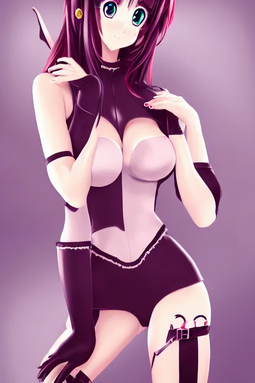 Prompt: full body anime portrait of a cute, bunny suit leather bodysuit, bra, velvet stockings, playboy, shoes, lace, android girl round eyes long hair dressed in inside the cinematic stunning highly detailed 4 k anatomically correct