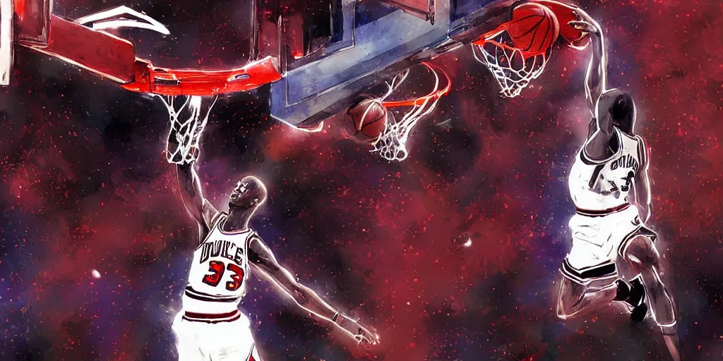 Image similar to digital painting of michael jordan dunking a basketball in space, by vincent di fate and takehiko inoue, highly detailed, science fiction, anime, ghost in the shell color scheme, masterpiece