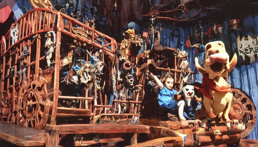 Image similar to 1990s photo of inside the Dogboy's Pirate Adventures show ride at Universal Studios in Orlando, Florida, children riding an animatronic dog through a Pirate village , cinematic, UHD