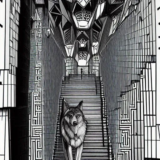 Image similar to a giant wolf in a huge bright maze of many doorways and lots of stairs, many doorways, inside MC Escher architecture, artstation, Junji Ito, epic composition