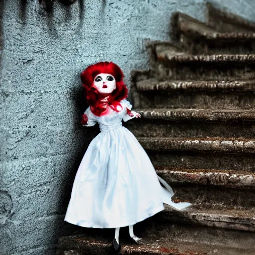 Prompt: photo of porcelain doll with glowing red eyes and rosebud lips, satin vintage clothing, locks of raven hair that goes past her feet, standing spooky mansion stairs with spider webs, photorealistic, cool colors, bokeh, specks of dust, depth of field 20mm,