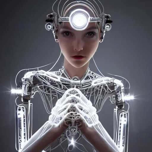 Image similar to beautiful centered fine art photo portrait of romantic beautiful girl as a solarpunk robotic humanoid, white mechanical parts with led lights, ballet style pose, photorealistic, white background, highly detailed and intricate, soft box lighting, hdr 8 k