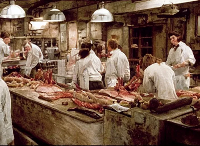 Prompt: a film still of a butchery in harry potter