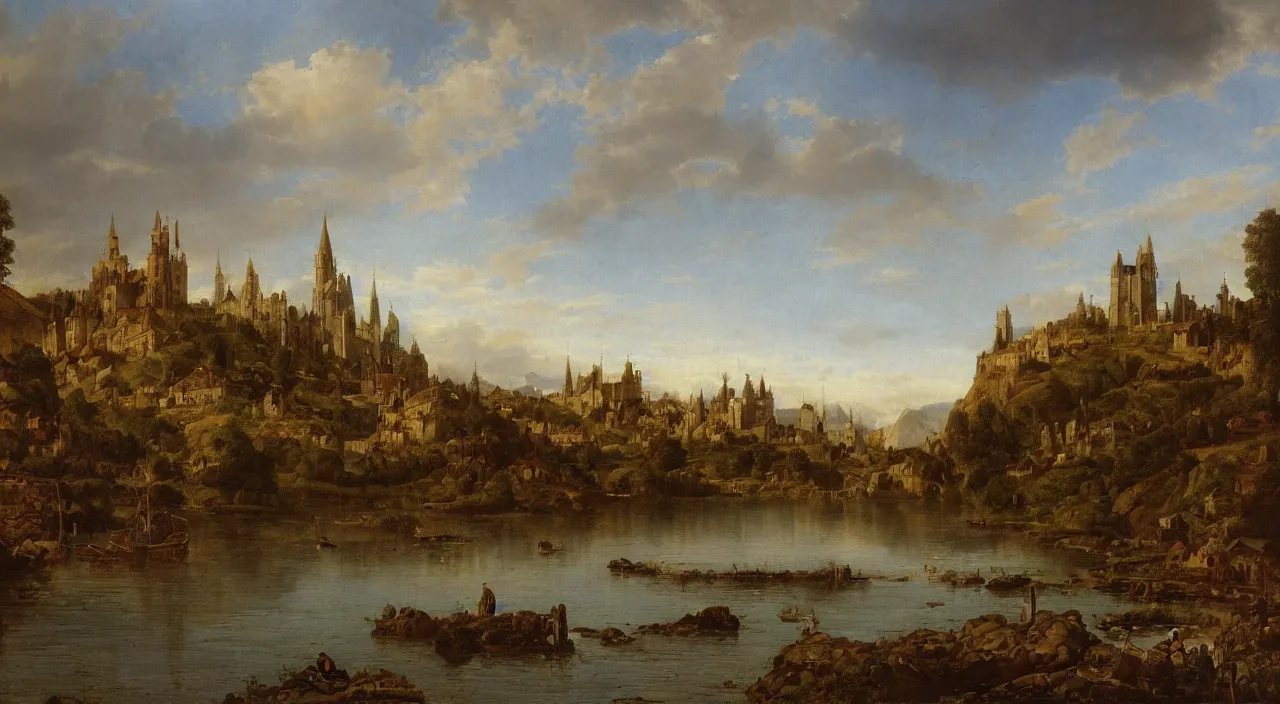 Prompt: A oil painting of a medieval city on the edge of a lake.Achenbach Andreas.Landscapes,Lord of the Rings.4k