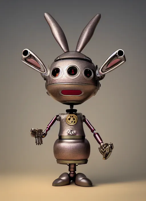 Prompt: closeup portrait of tin toy robot bunny trap, depth of field, zeiss lens, detailed, symmetrical, centered, fashion photoshoot, by nicoletta ceccoli, mark ryden, lostfish, breathtaking, 8 k resolution, extremely detailed, beautiful, establishing shot, artistic, hyperrealistic, octane render