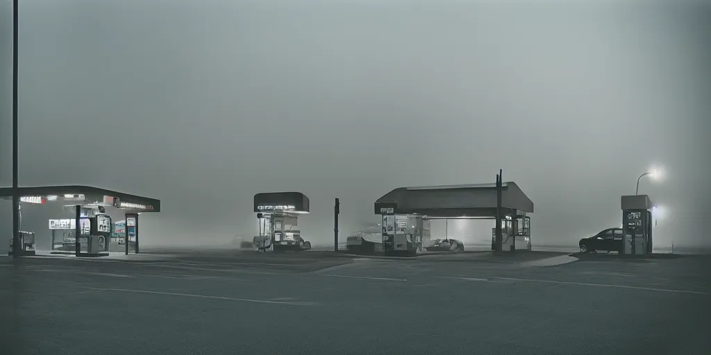 Image similar to “35mm film photography of gas station, fog, cinestill 800t, grain”