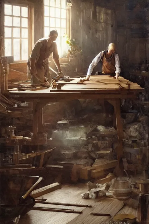 Image similar to simple craftsman fine woodworker building a wooden table in their well lit clean open workshop, art by anders zorn, wonderful masterpiece by greg rutkowski, beautiful cinematic light, american romanticism thomas lawrence, greg rutkowski