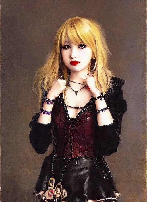 Prompt: misa amane, blonde hair, dress, boots, punk choker collar. by rembrandt, ( ( konstantin razumov ) )