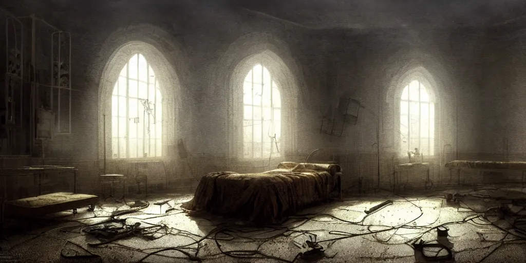 Image similar to inside an eerie asylum, beds, electro shock equipment, sad, loneliness, god rays, digital art, landscape, fantasy art, octane render, unreal engine, high detail, very realistic, by greg rutkowski. by james gurney