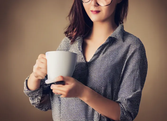 Image similar to Beautiful girl holding a cup of coffee, cinematic, very high quality, 8k