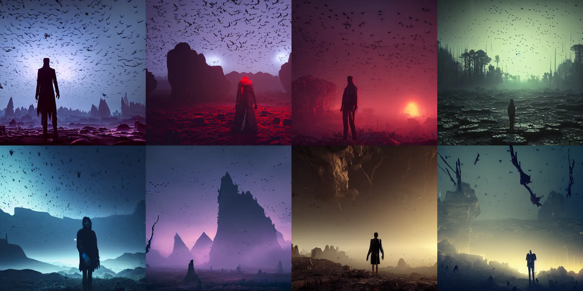 Image similar to beautiful dark landscape, vampire surrounded by millions of bats, in the style of beeple and Mike Winkelmann, photo real, ultra realistic, intricate, epic lighting, 8k resolution, unreal engine 5,