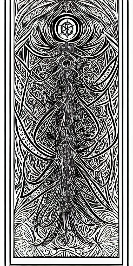 Image similar to a beautiful black and white fractal tarot card featuring bold occult imagery with clean lines. ocean fish cthulhu. detailed adult coloring book