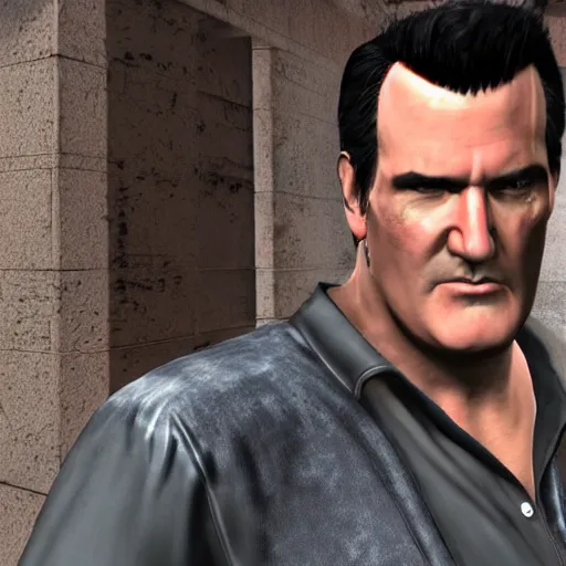 Image similar to a screenshot of bruce campbell in resident evil. 3 d rendering. unreal engine. amazing likeness. very detailed. cartoon caricature