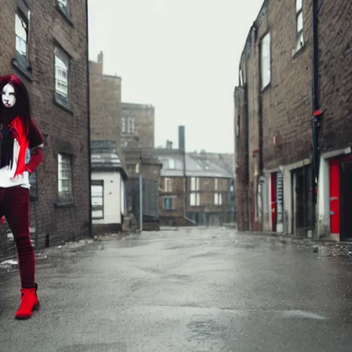 Prompt: a pale emo girl, messy black / red hair, british street background, overcast weather, 2 0 0 6