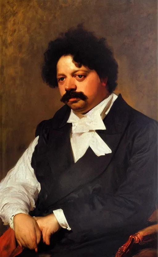 Image similar to Portrait of Alexandre Dumas, oil on canvas, highly detailed, high contrast, by Franz Xaver Winterhalter, Henry Ossawa Tanner, Anthony van Dyck, 8k